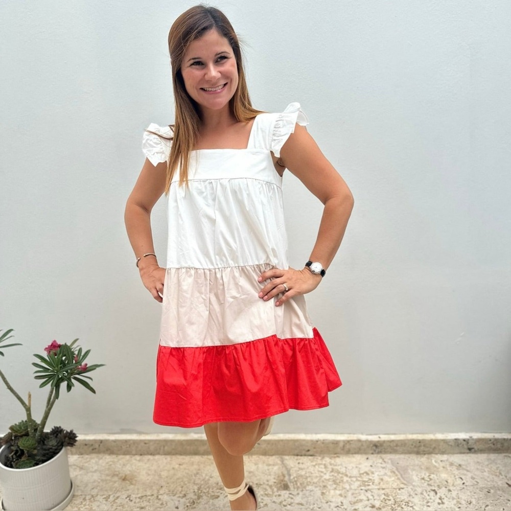 Red This Moment Color Block Tiered Mini Dress Babydoll Women’s Medium Coastal